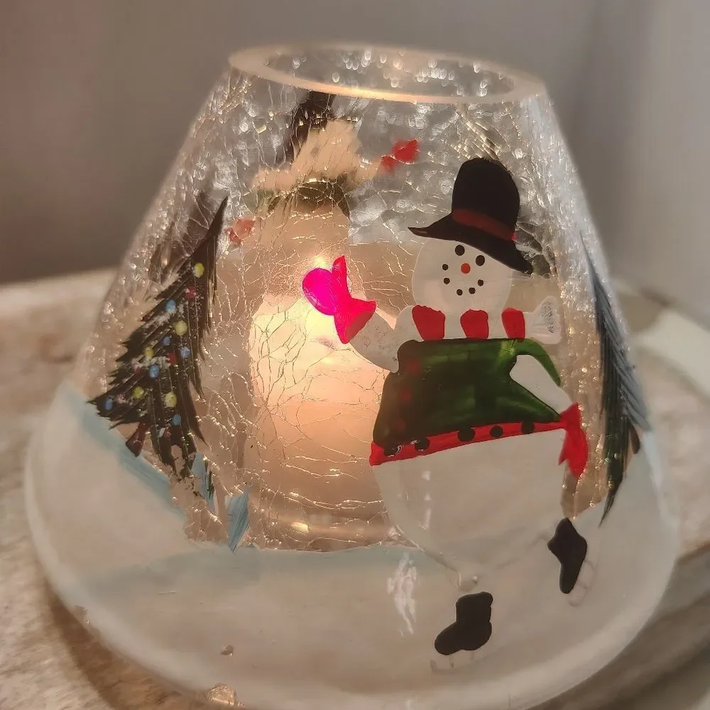 Vintage YANKEE CANDLE  SHADE Snowman Crackle Glass Rare Y2